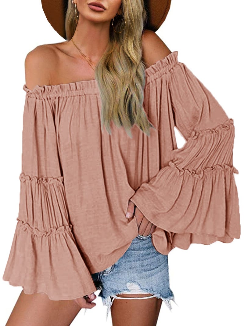 Farktop Womens Off The Shoulder Long Bell Sleeve Tops Flared Casual Loose Blouse (Pink Orange, XX-Large) - Image 1